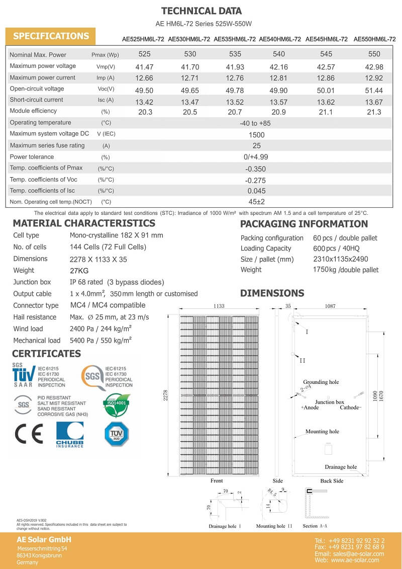Tấm Pin Năng Lượng Mặt Trời AE Solar 550Wp - Đại Phong Solar Tấm Pin Năng Lượng Mặt Trời AE Solar 550Wp - Đại Phong Solar